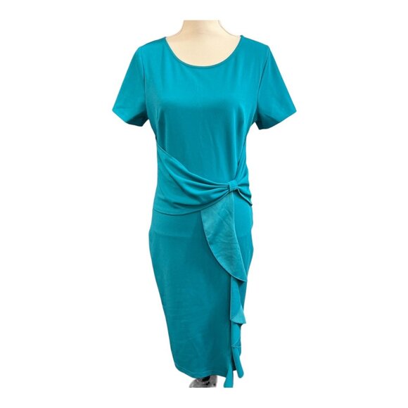 Aisire Vintage Redefined Dress Womens M Teal Chiffon Midi Faux Wrap Waist Ruffle - Picture 1 of 10